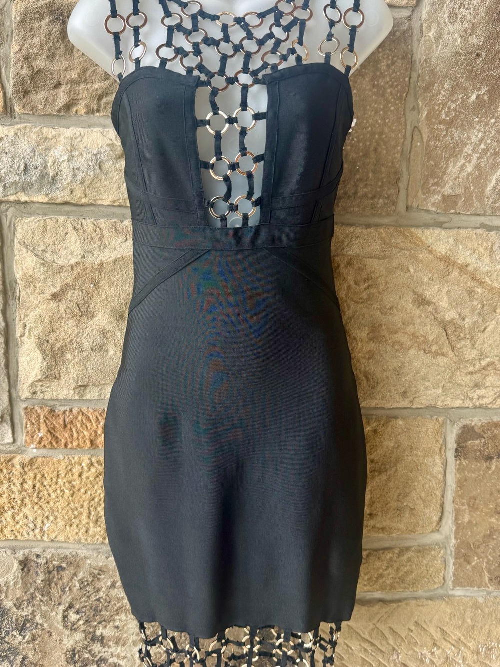 Valia Black Mini Dress with Chain-Link Neckline